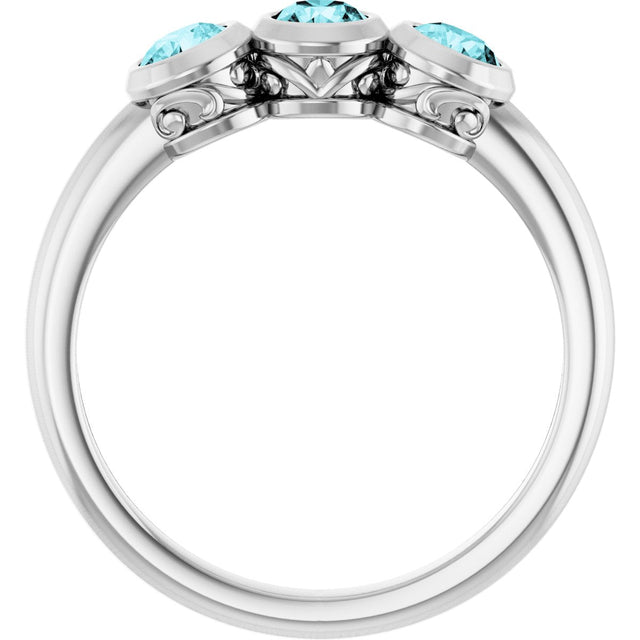 14K Gold Round Natural Blue Zircon Three-Stone Bezel-Set Ring - White Gold - view 2