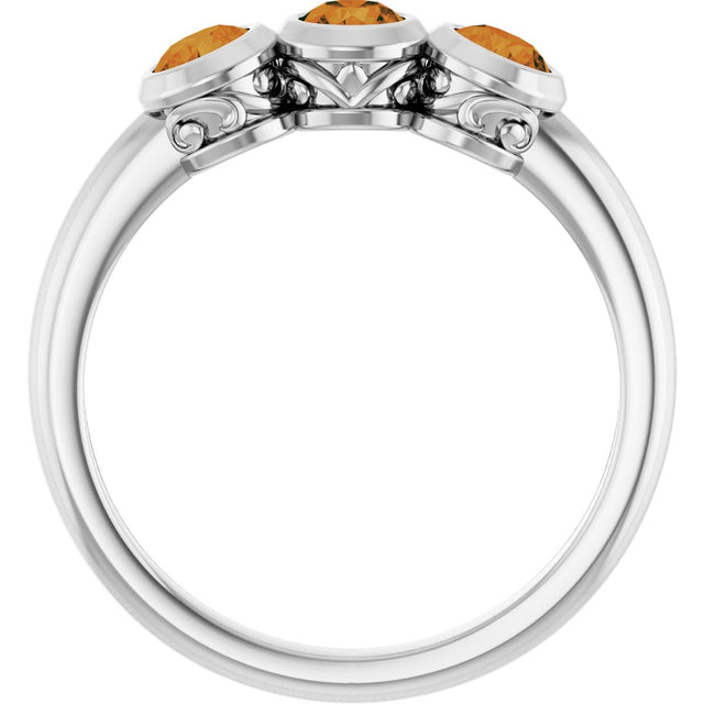 14K Gold Round Natural Citrine Three-Stone Bezel-Set Ring - White Gold - view 2