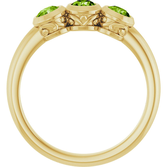 14K Gold Round Natural Peridot Three-Stone Bezel-Set Ring - Yellow Gold - view 2