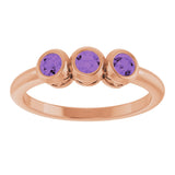 14K Gold Round Natural Amethyst Three-Stone Bezel-Set Ring - Rose Gold - view 3