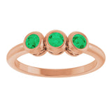 14K Gold Round Natural Emerald Three-Stone Bezel-Set Ring - Rose Gold - view 3