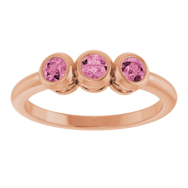 14K Gold Round Natural Pink Tourmaline Three-Stone Bezel-Set Ring - Rose Gold - view 3