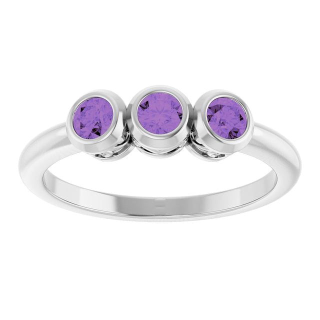 Platinum Round Natural Amethyst Three-Stone Bezel-Set Ring - view 3