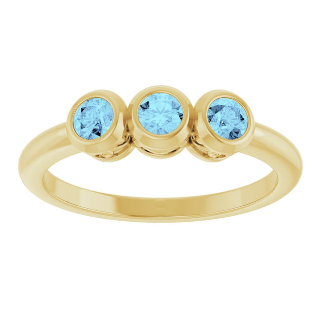 14K Gold Round Natural Aquamarine Three-Stone Bezel-Set Ring - Yellow Gold - view 3