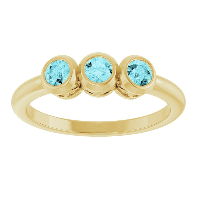 14K Gold Round Natural Blue Zircon Three-Stone Bezel-Set Ring - Yellow Gold - view 3
