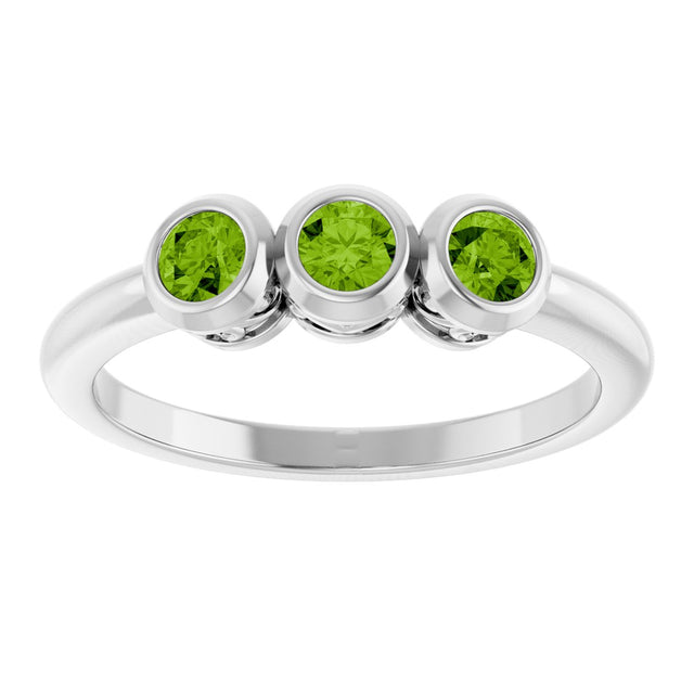 14K Gold Round Natural Peridot Three-Stone Bezel-Set Ring - White Gold - view 3