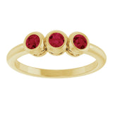 14K Gold Round Natural Ruby Three-Stone Bezel-Set Ring - Yellow Gold - view 3