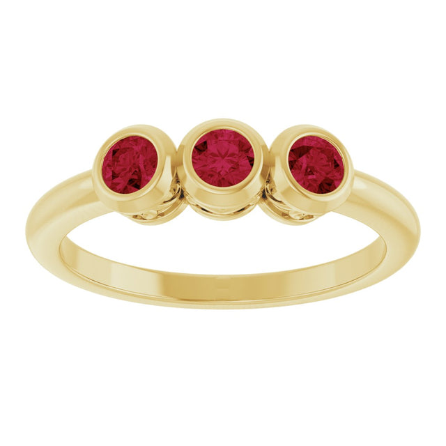 14K Gold Round Natural Ruby Three-Stone Bezel-Set Ring - Yellow Gold - view 3