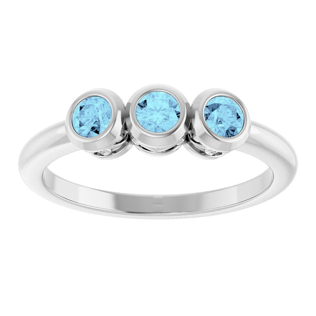 Platinum Round Natural Aquamarine Three-Stone Bezel-Set Ring - view 3