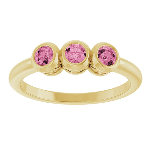 14K Gold Round Natural Pink Tourmaline Three-Stone Bezel-Set Ring - Yellow Gold - view 3