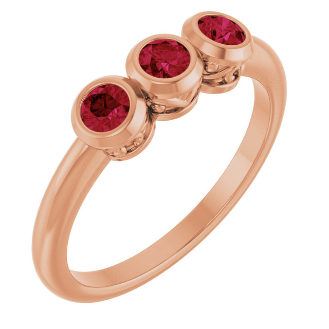 14K Gold Round Natural Ruby Three-Stone Bezel-Set Ring - Rose Gold