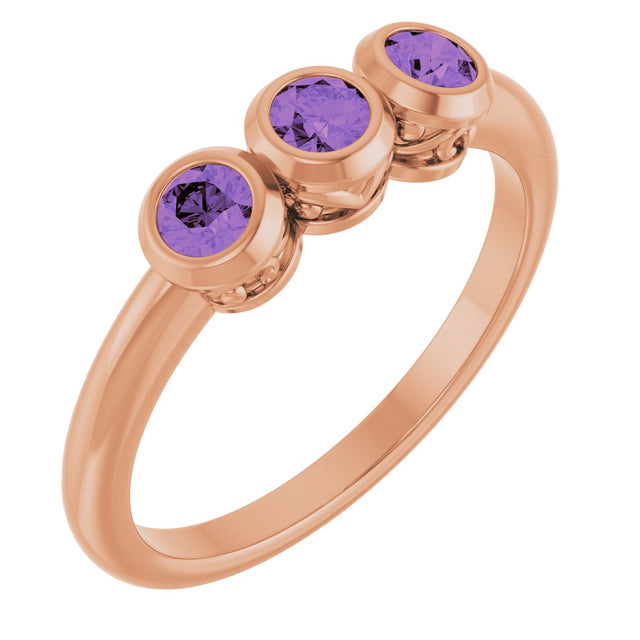 14K Gold Round Natural Amethyst Three-Stone Bezel-Set Ring - Rose Gold