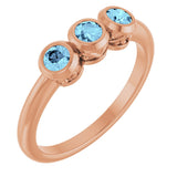 14K Gold Round Natural Aquamarine Three-Stone Bezel-Set Ring - Rose Gold