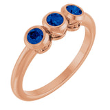 14K Gold Round Natural Blue Sapphire Three-Stone Bezel-Set Ring - Rose Gold