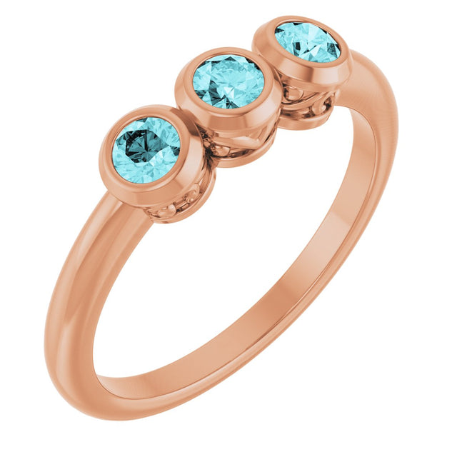 14K Gold Round Natural Blue Zircon Three-Stone Bezel-Set Ring - Rose Gold