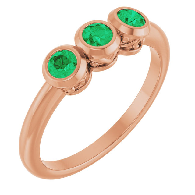 14K Gold Round Natural Emerald Three-Stone Bezel-Set Ring - Rose Gold