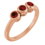 14K Gold Round Natural Mozambique Garnet Three-Stone Bezel-Set Ring - Rose Gold