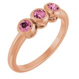 14K Gold Round Natural Pink Tourmaline Three-Stone Bezel-Set Ring - Rose Gold