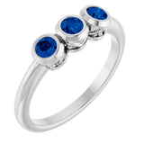 14K Gold Round Natural Blue Sapphire Three-Stone Bezel-Set Ring - White Gold