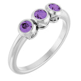 14K Gold Round Natural Amethyst Three-Stone Bezel-Set Ring - White Gold