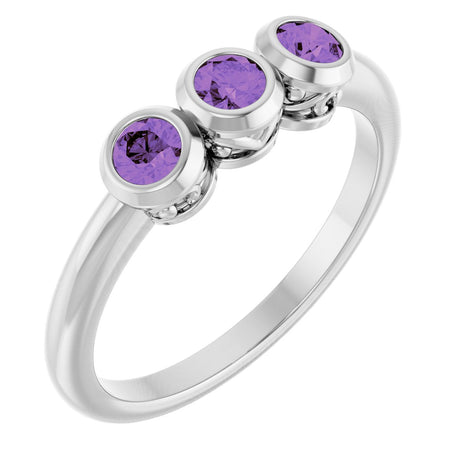 Platinum Round Natural Amethyst Three-Stone Bezel-Set Ring