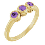 14K Gold Round Natural Amethyst Three-Stone Bezel-Set Ring - Yellow Gold