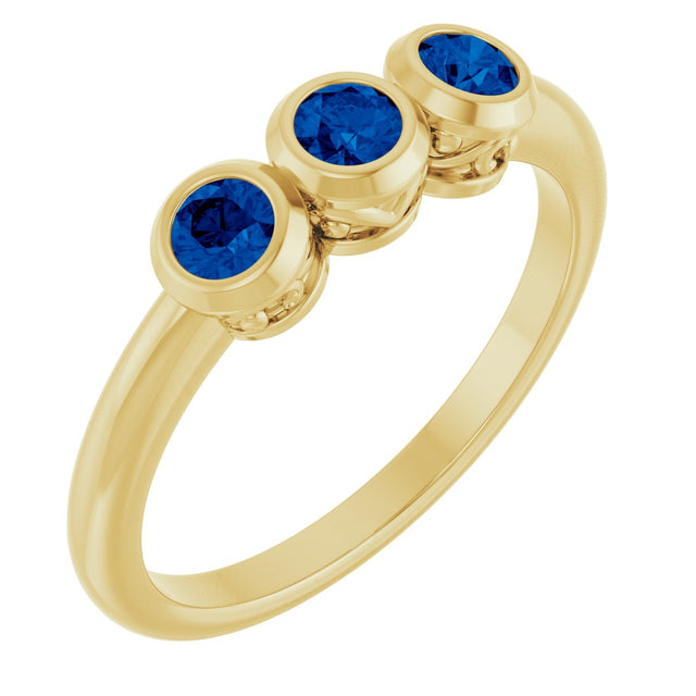14K Gold Round Natural Blue Sapphire Three-Stone Bezel-Set Ring - Yellow Gold