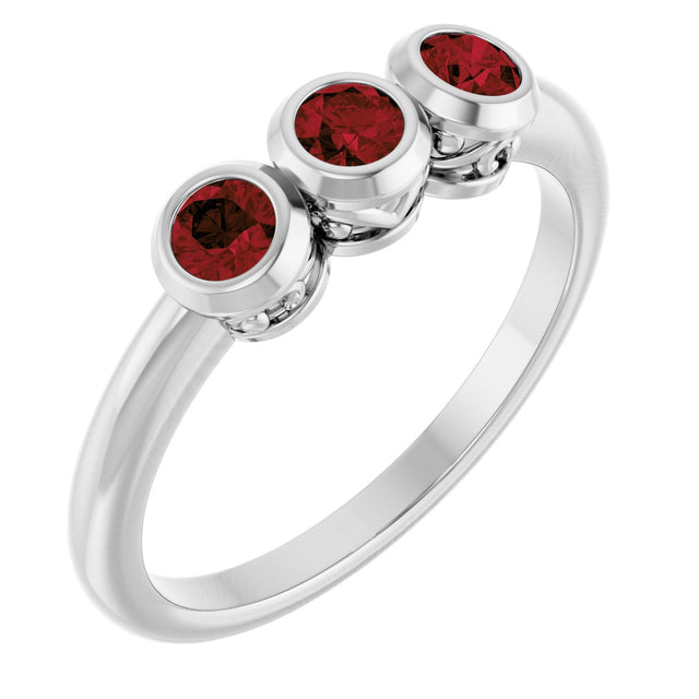 14K Gold Round Natural Mozambique Garnet Three-Stone Bezel-Set Ring - White Gold