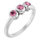 14K Gold Round Natural Pink Tourmaline Three-Stone Bezel-Set Ring - White Gold