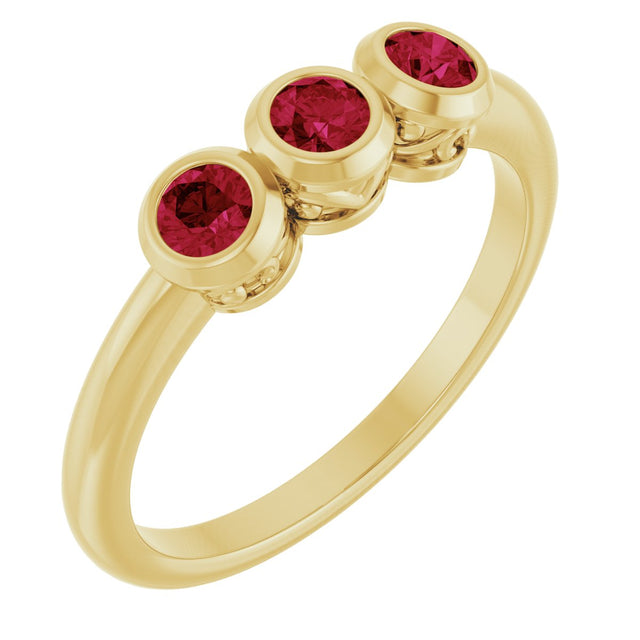 14K Gold Round Natural Ruby Three-Stone Bezel-Set Ring - Yellow Gold