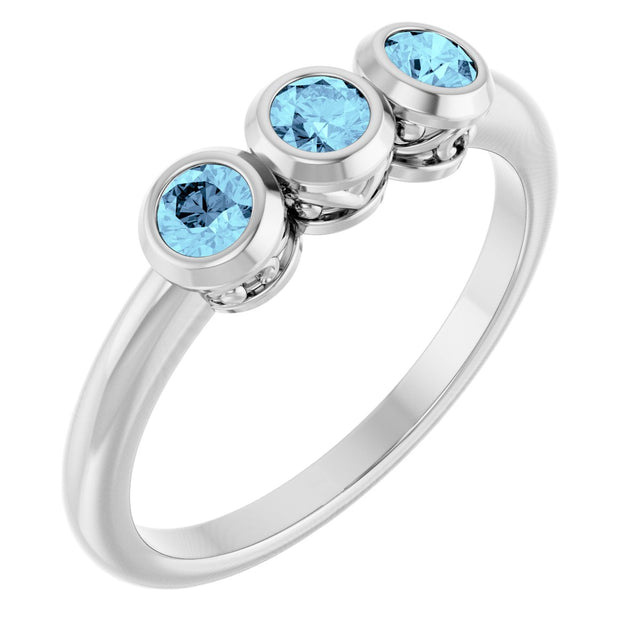 14K Gold Round Natural Aquamarine Three-Stone Bezel-Set Ring - White Gold
