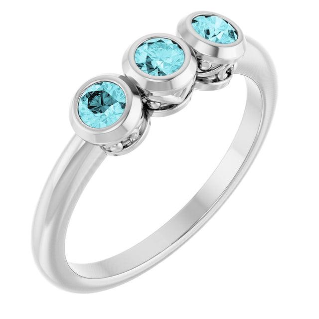 14K Gold Round Natural Blue Zircon Three-Stone Bezel-Set Ring - White Gold