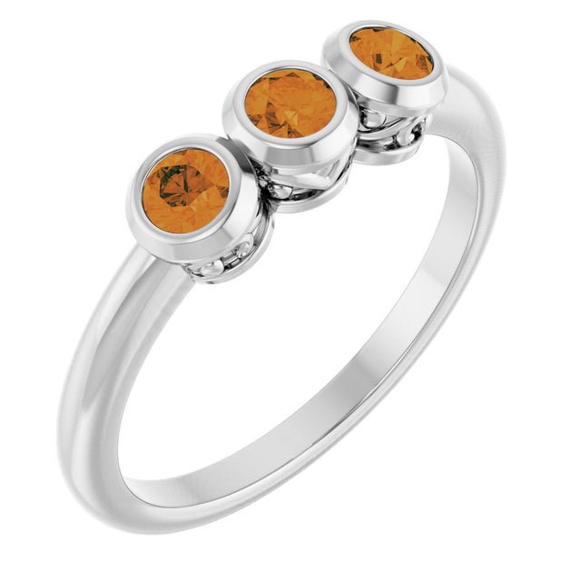 14K Gold Round Natural Citrine Three-Stone Bezel-Set Ring - White Gold