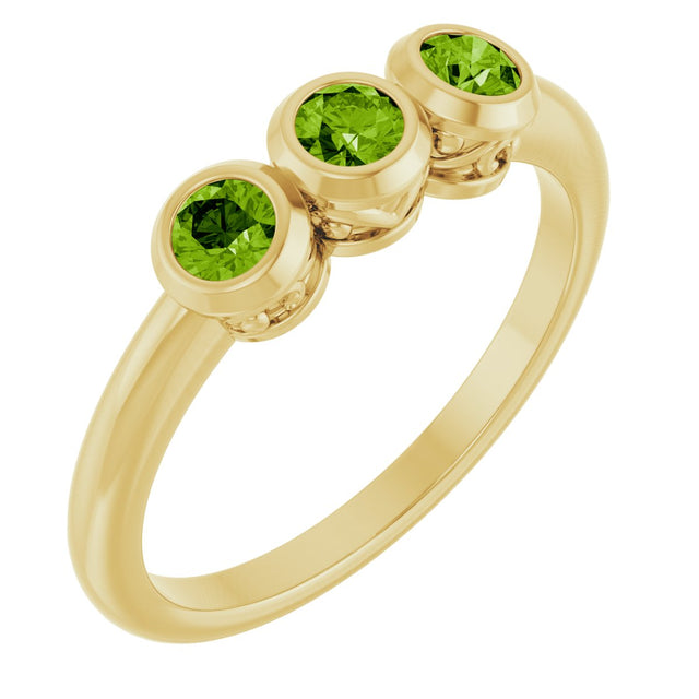 14K Gold Round Natural Peridot Three-Stone Bezel-Set Ring - Yellow Gold