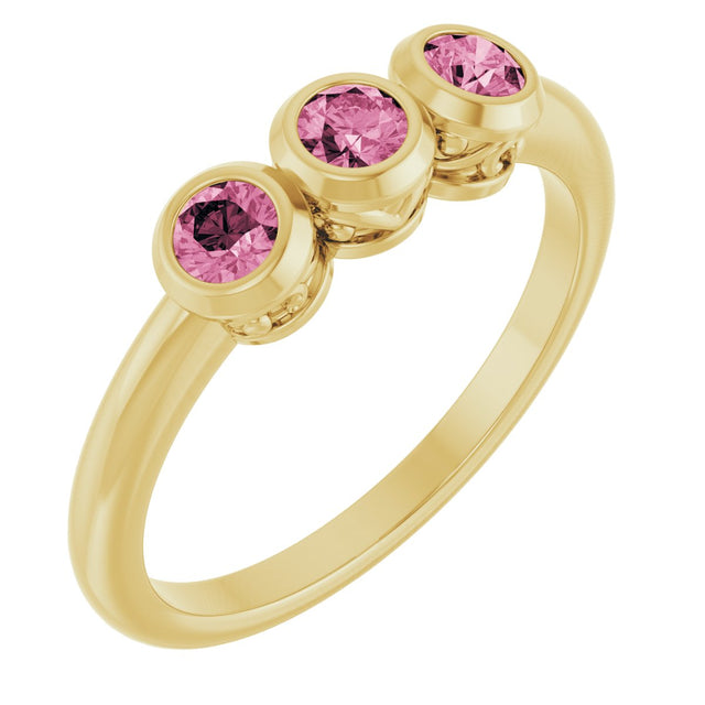 14K Gold Round Natural Pink Tourmaline Three-Stone Bezel-Set Ring - Yellow Gold