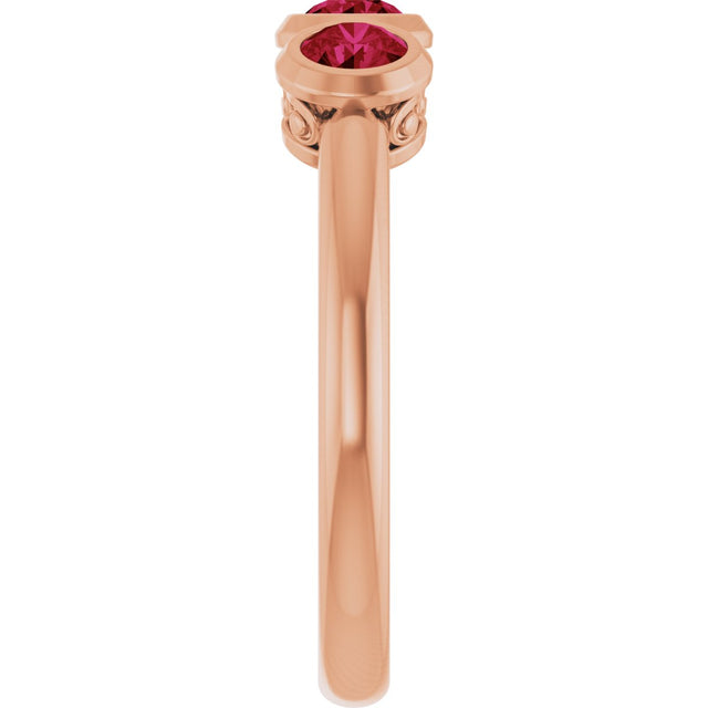 14K Gold Round Natural Ruby Three-Stone Bezel-Set Ring - Rose Gold - view 4