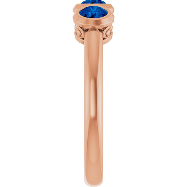 14K Gold Round Natural Blue Sapphire Three-Stone Bezel-Set Ring - Rose Gold - view 4