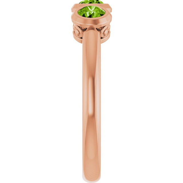 14K Gold Round Natural Peridot Three-Stone Bezel-Set Ring - Rose Gold - view 4