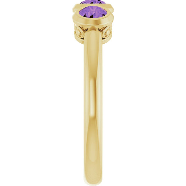 14K Gold Round Natural Amethyst Three-Stone Bezel-Set Ring - Yellow Gold - view 4