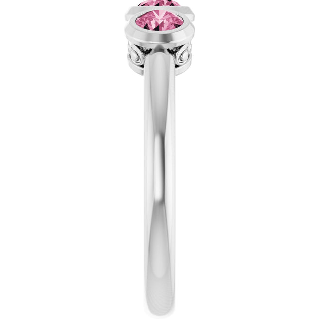 14K Gold Round Natural Pink Tourmaline Three-Stone Bezel-Set Ring - White Gold - view 4