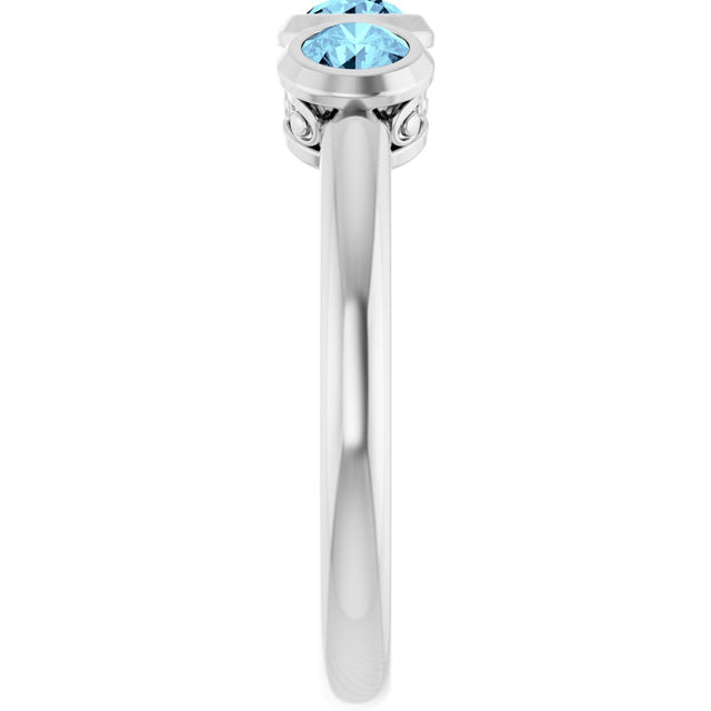 Platinum Round Natural Aquamarine Three-Stone Bezel-Set Ring - view 4
