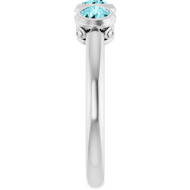 Platinum Round Natural Blue Zircon Three-Stone Bezel-Set Ring - view 6
