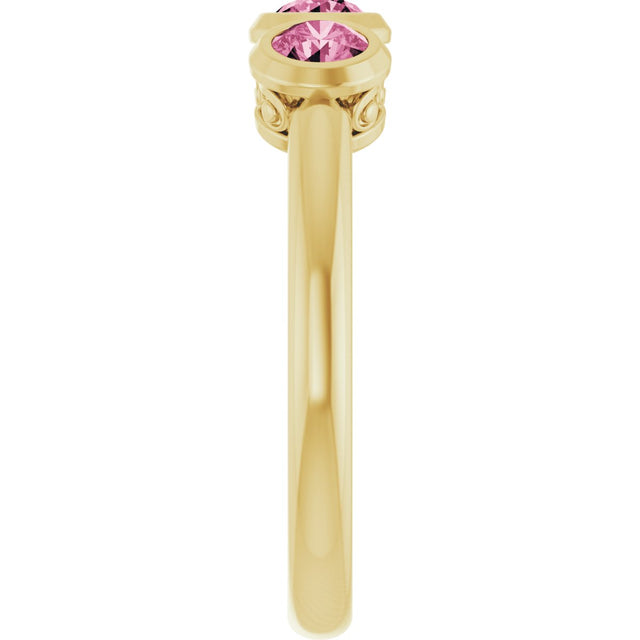 14K Gold Round Natural Pink Tourmaline Three-Stone Bezel-Set Ring - Yellow Gold - view 4
