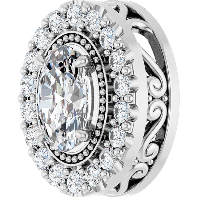 14K Gold Oval Natural Diamond Halo-Style Pendant - White Gold - view 2
