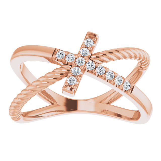 14K Gold Round Natural Diamond Accented Cross Rope Ring - Rose Gold - view 3