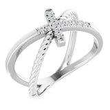 14K Gold Round Natural Diamond Accented Cross Rope Ring - White Gold