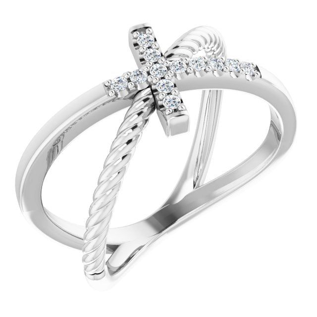 14K Gold Round Natural Diamond Accented Cross Rope Ring - White Gold