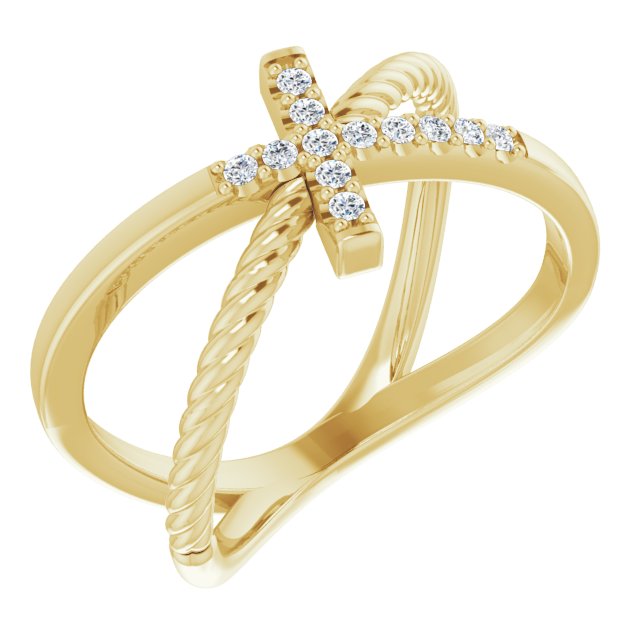 14K Gold Round Natural Diamond Accented Cross Rope Ring - Yellow Gold