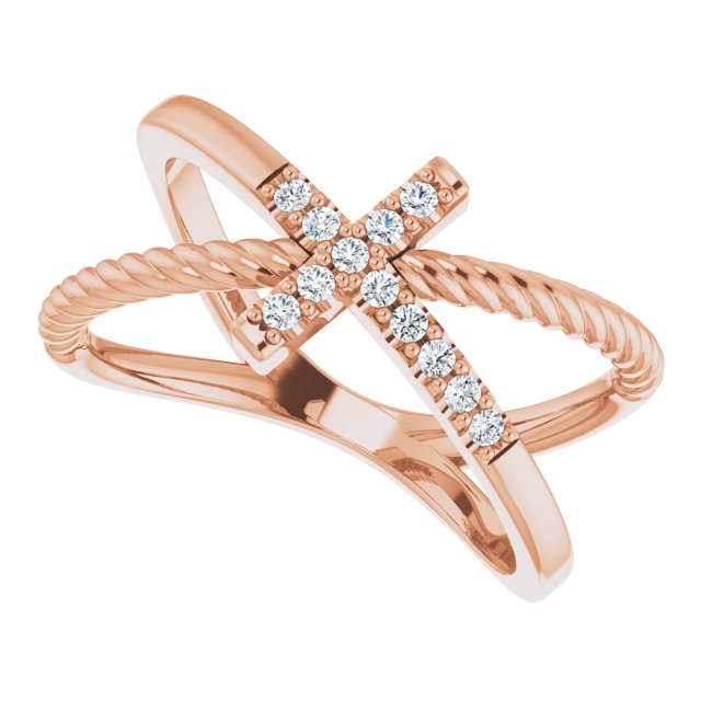 14K Gold Round Natural Diamond Accented Cross Rope Ring - Rose Gold - view 5