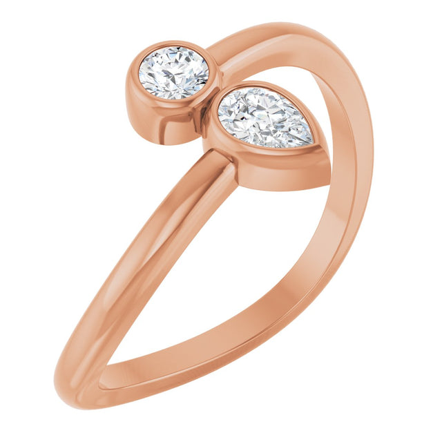 14K Gold Pear Natural Diamond Bezel-Set Bypass Ring - Rose Gold